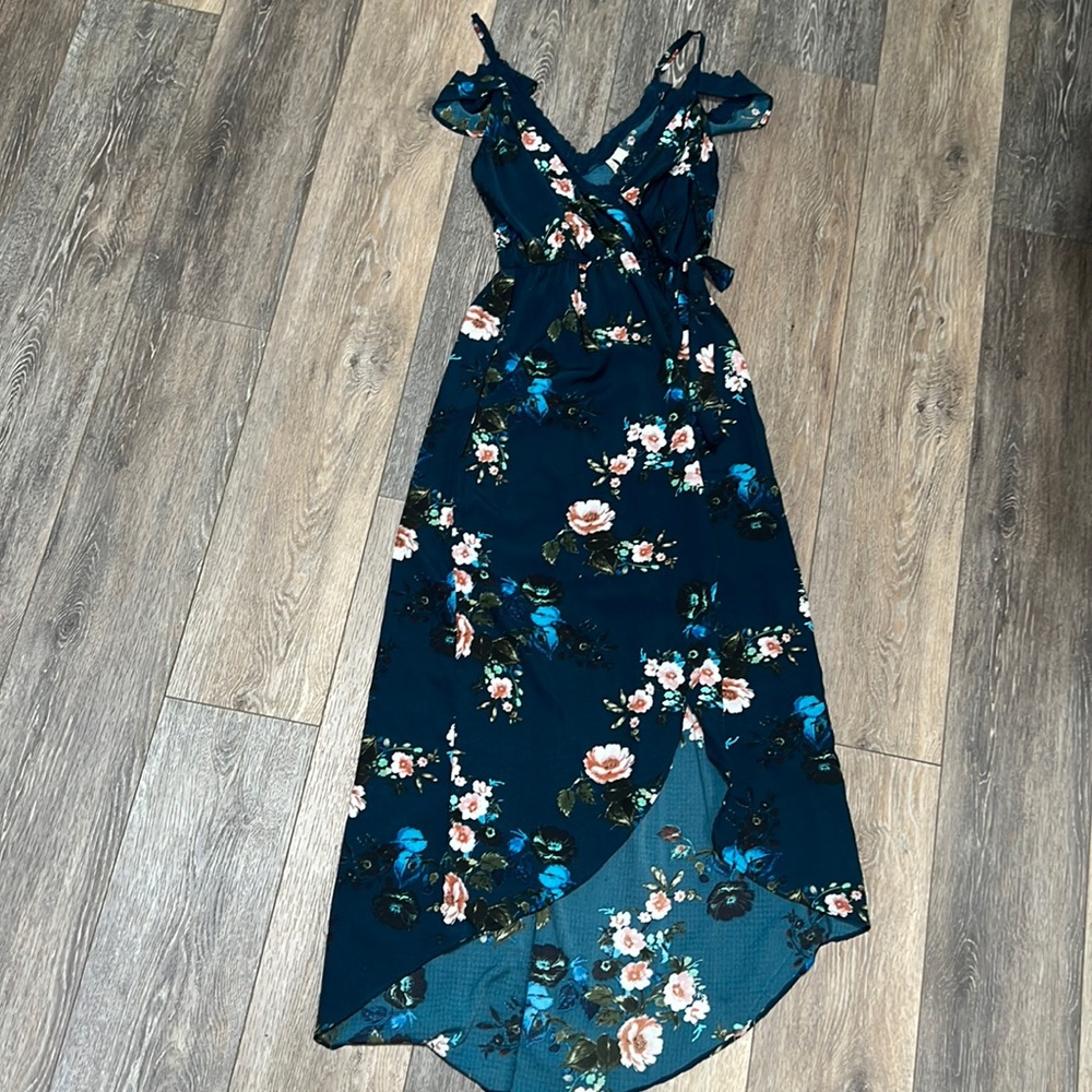 Floral off the shoulder high-low dress.